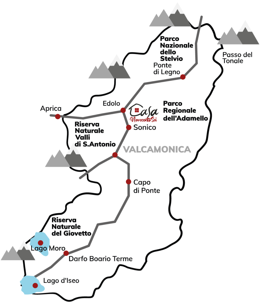 mappa della Valcamonica e della provincia di Brescia con attrazioni, punti di interesse naturalistico e siti di arte rupestre